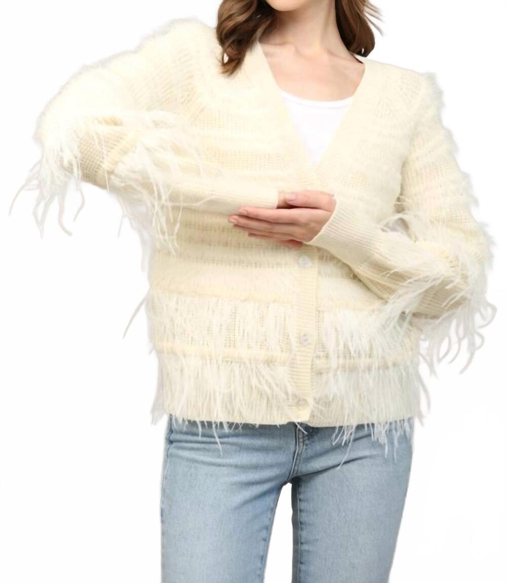 NEW FATE feather trim wool blend cardigan in beige